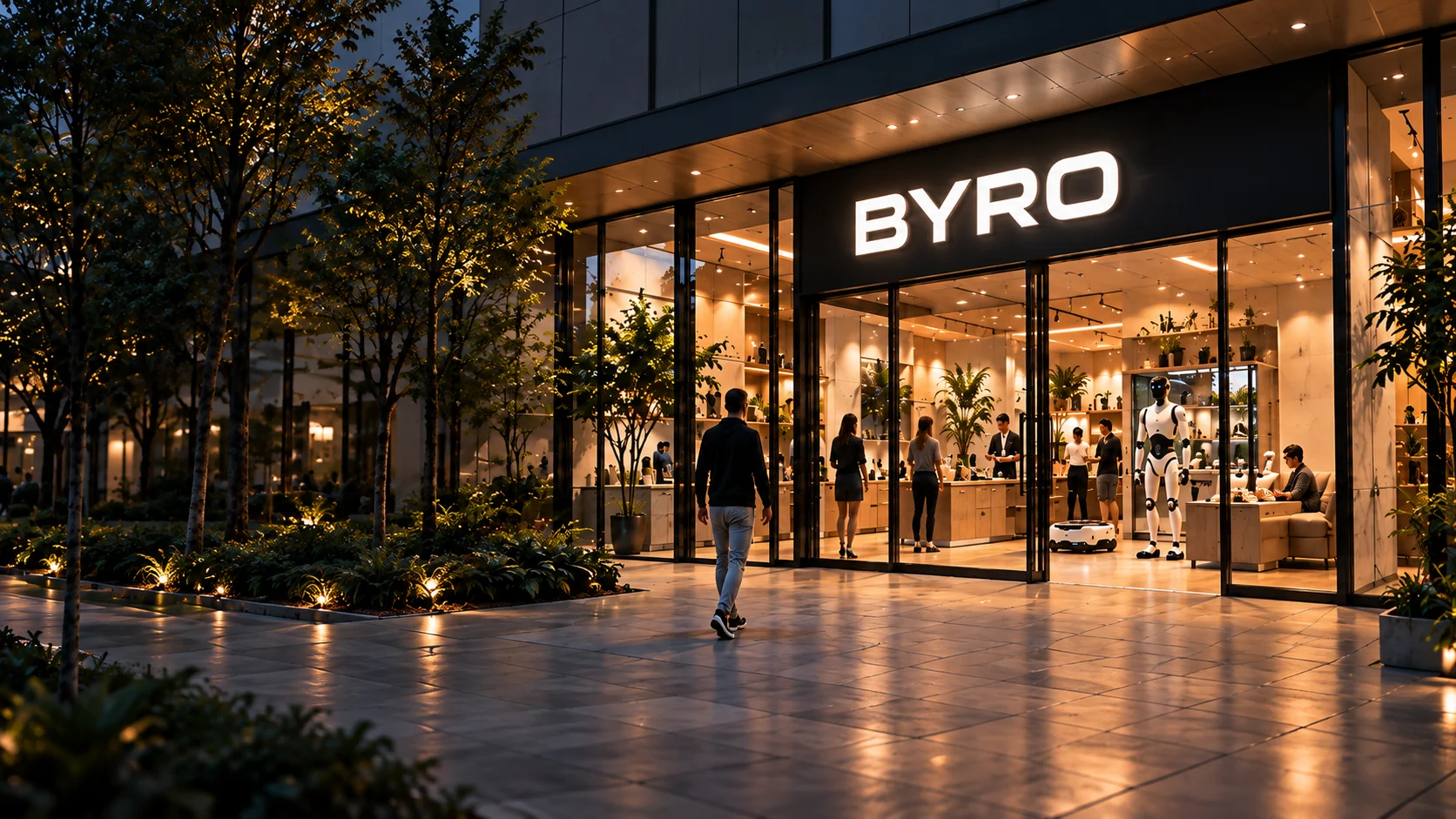 Concept rendering of a future Byro robotics showroom at dusk, with warm lighting, glass windows, and a demonstration robot.